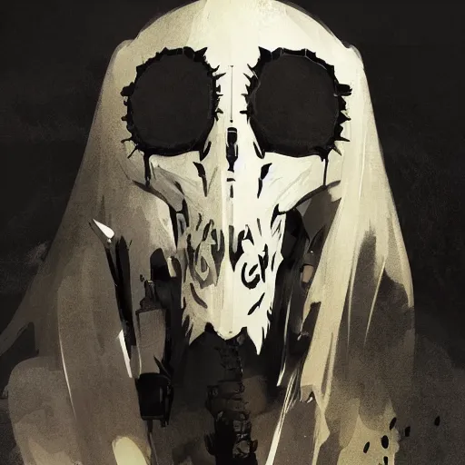 Image similar to full body portrait of a character wearing a black cloak, with a white mask in the shape of an animal skull, the mask covers her entire face, dramatic lighting, illustration by Greg rutkowski, yoji shinkawa, 4k, digital art, concept art, trending on artstation