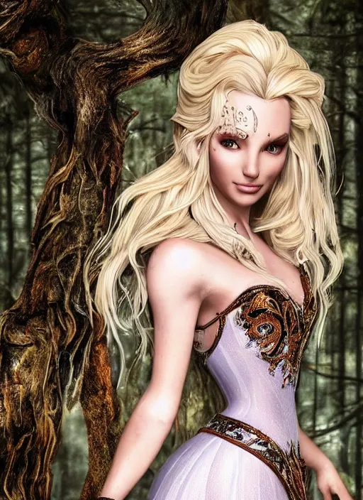 Prompt: Beautiful elsa, Looks like Britney Spears, In the woods, Dramatic, Edge, Good, Infused, Backlight, De-Noise, VFX, insanely detailed and intricate, hypermaximalist, elegant, ornate, hyper realistic, super detailed