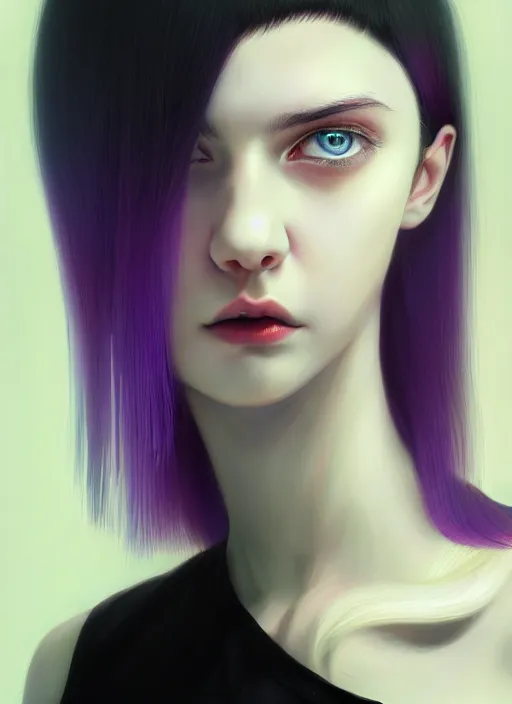 Image similar to hair whitebangs hair, black hair, whitebangs, portrait of teenage girl with white bangs, red irises, purple clothes, white bangs, bangs are different color from hair, intricate, elegant, glowing lights, highly detailed, digital painting, artstation, concept art, smooth, sharp focus, illustration, art by wlop, mars ravelo and greg rutkowski