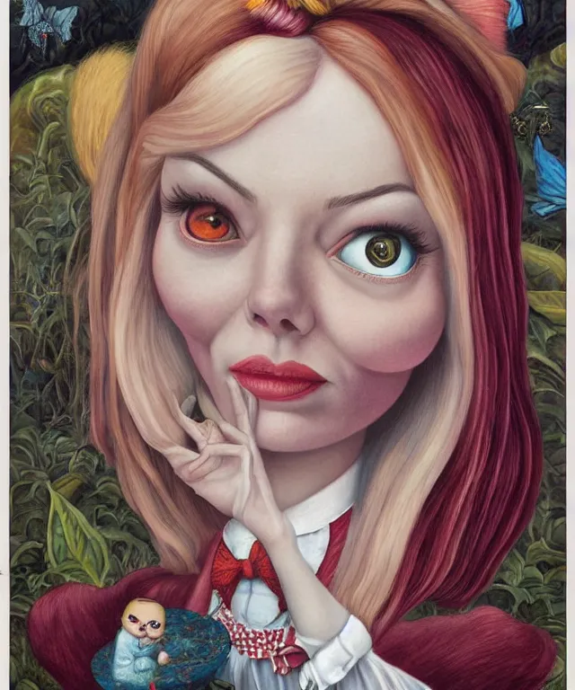 Image similar to portrait of Emma Stone in wonderland, lowbrow painting by Mark Ryden