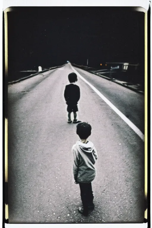 Image similar to photo polaroid of a sad and lonely child in the middle of a road of a city devastated by bombs , has a gun in his hand, loneliness,war, black and white ,photorealistic, 35mm film,