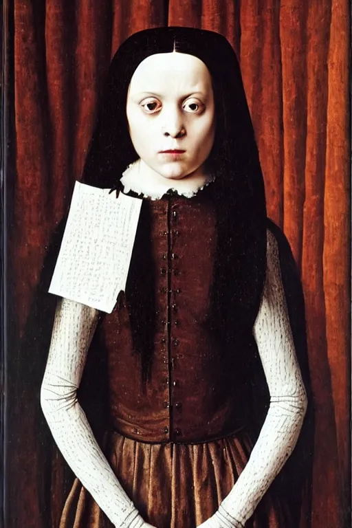 Image similar to portrait of wednesday addams, oil painting by jan van eyck, northern renaissance art, oil on canvas, wet - on - wet technique, realistic, expressive emotions, intricate textures, illusionistic detail