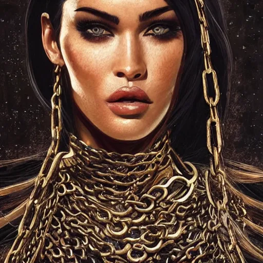 Image similar to a queen is sitting on her throne dressed in chains, looks like megan fox, beautiful highly detailed face, complementary lighting, backlit, black eyeshadow, grinning, adventure, dramatic lighting, landscape background, beautiful painting by artgerm and greg rutkowski and raymond swanland