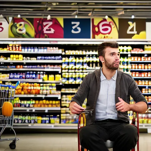 Image similar to a man in a store at 3 in the night he's bored and sitting on his chair working on a supermarket and there's only one light on