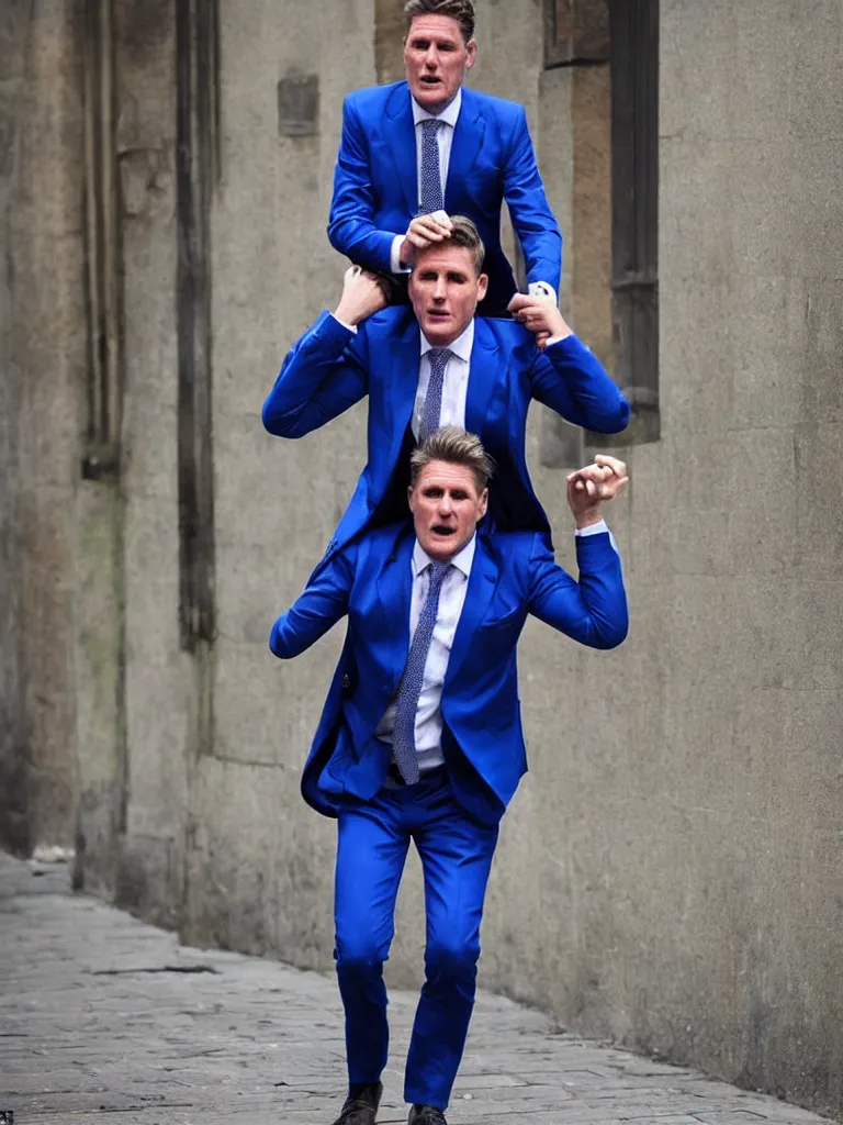 Prompt: Sir Kier Starmer wearing a blue suit piggy back on the street people are scared