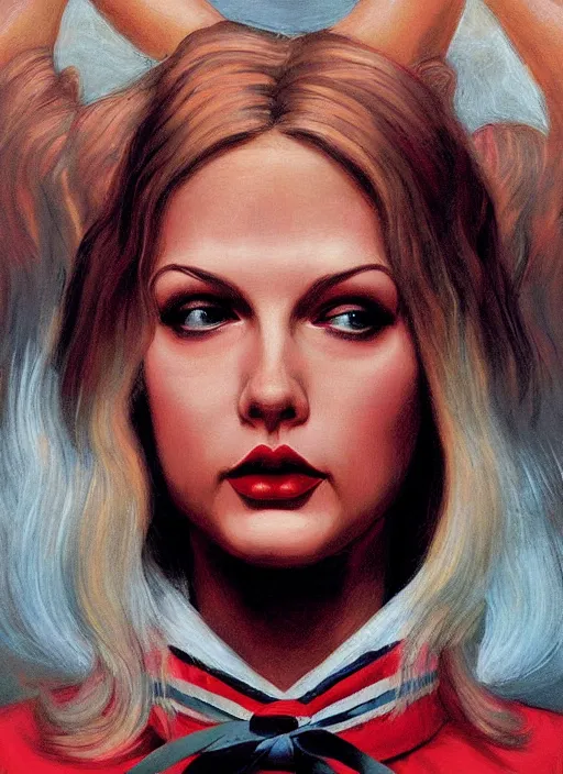 Prompt: portrait of talyor swift cheerleader, twin peaks poster art, from scene from twin peaks, by michael whelan, rossetti bouguereau, artgerm, retro, nostalgic, old fashioned