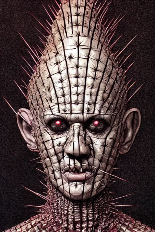 Prompt: highly detailed portrait of pinhead from hellraiser by alex grey, patrick woodroffe, mark ryden created by gustave dore and greg rutkowski, high detailed, smooth draw, synthwave neon retro, intricate, realistic proportions, dramatic lighting, trending on artstation