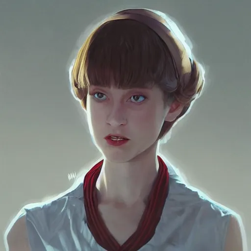 Prompt: a highly detailed epic cinematic concept art CG render digital painting artwork: Rei Ayanami as a 1950s boy played by Alicia Vikander. By Greg Rutkowski, Ilya Kuvshinov, WLOP, Stanley Artgerm Lau, Ruan Jia and Fenghua Zhong, trending on ArtStation, subtle muted cinematic colors, made in Maya, Blender and Photoshop, octane render, excellent composition, cinematic atmosphere, dynamic dramatic cinematic lighting, precise correct anatomy, aesthetic, very inspirational, arthouse