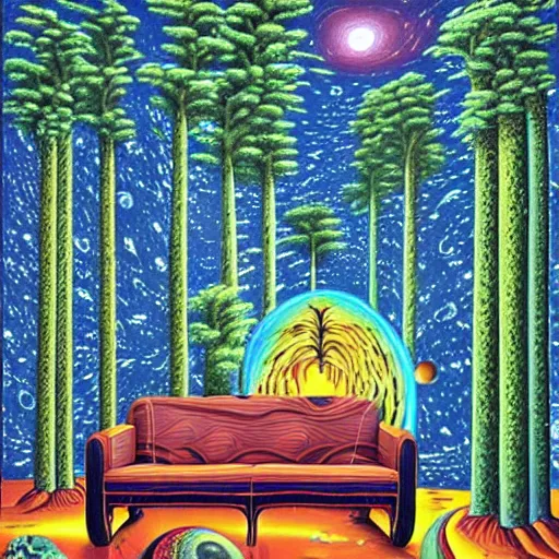 Prompt: psychedelic trippy water fish pine forest, planets, milky way, sofa, cartoon by rob gonsalves