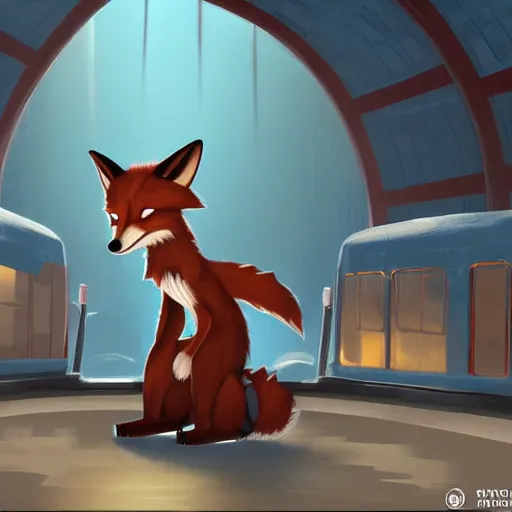 Prompt: anthropomorphic furry fox wearing a tuxedo stands on a train station ,detailed, environment, building, train cinematic lights, Artstation