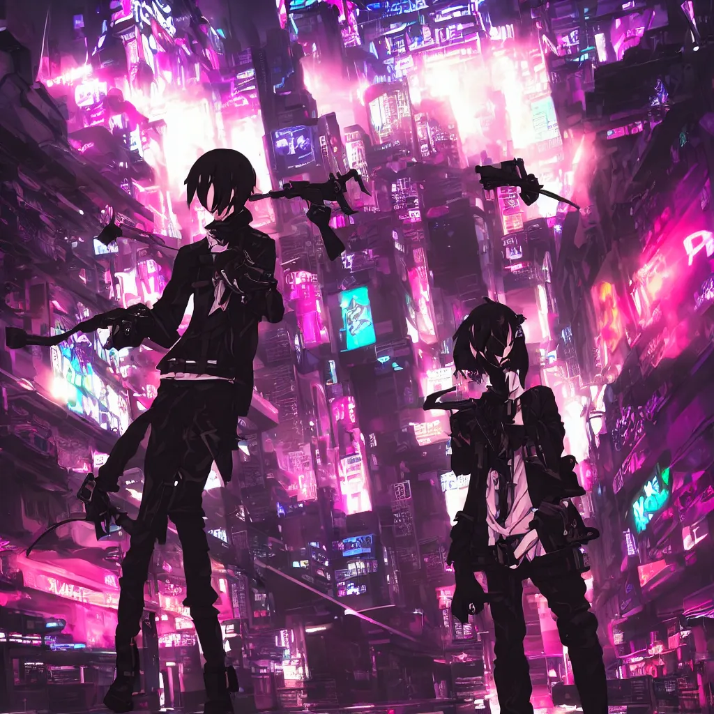 Image similar to Reaper (The World Ends With You) holding gun, cyberpunk aesthetic, city skyline on background, neon lights, glow, retrowave style