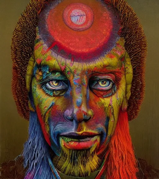 Image similar to Portrait painting in a style of Beksinski mixed with Alex Grey of an old shaman dressed in a colorful traditional clothes. Symmetry