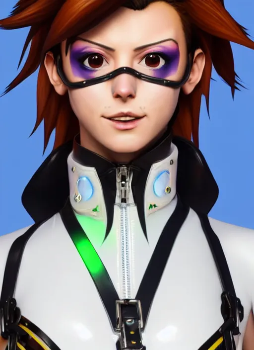 Prompt: portrait bust digital artwork of tracer overwatch, wearing white iridescent rainbow latex and leather straps catsuit outfit, 4 k, expressive happy smug expression, makeup, in style of mark arian, angel wings, wearing detailed black leather collar collar collar collar, chains, black leather harness, detailed face and eyes,