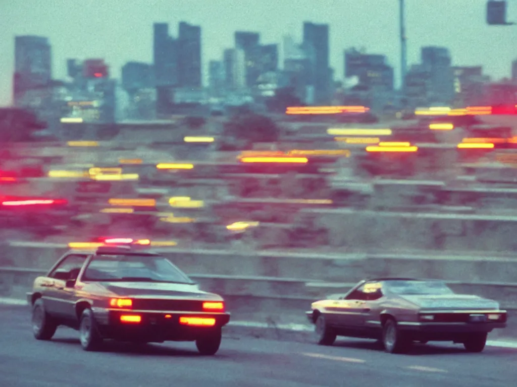 Image similar to 8 0 s neon movie still, high speed car chase on the highway with city in background, medium format color photography, 8 k resolution, movie directed by kar wai wong, hyperrealistic, photorealistic, high definition, highly detailed, tehnicolor, anamorphic lens, award - winning photography, masterpiece