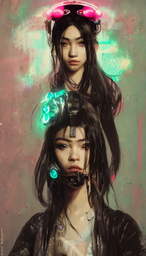 Prompt: altered carbon, madison beer, detailed portrait young gangster lolita, amazing beauty, visor, neon tattoo, styled hair, decorated traditional japanese ornaments by carl spitzweg, ismail inceoglu, vdragan bibin, hans thoma, greg rutkowski, alexandros pyromallis, perfect face, fine details, realistic shaded