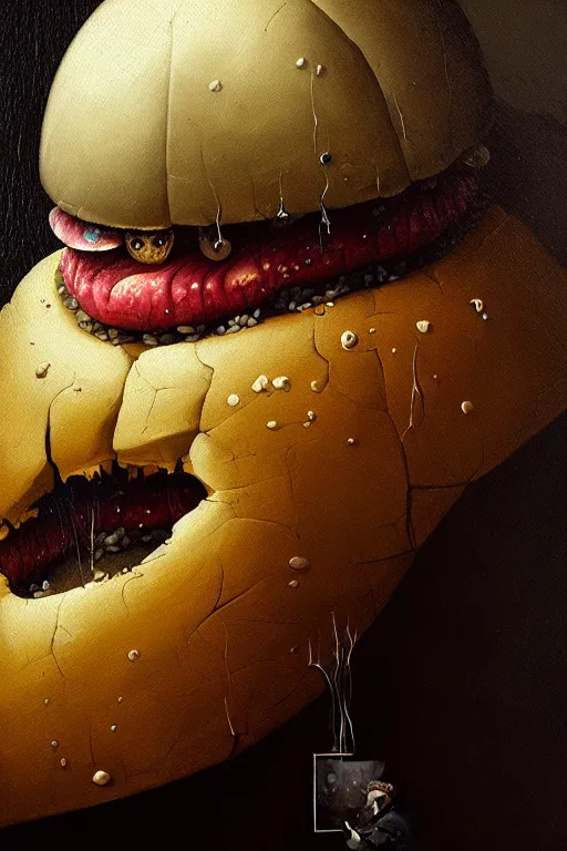 Image similar to hieronymus bosch, greg rutkowski, anna podedworna, painting of a depressed sad hamburger, extreme close up, insane face, crying