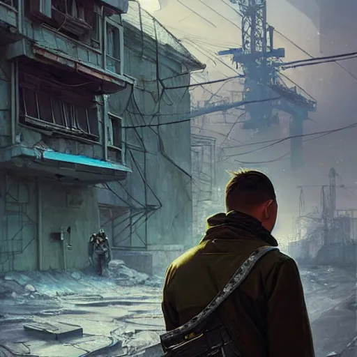 Image similar to A cyberpunk gopnik on the street of a Soviet slum on the moon, Norilsk, sci-fi, fantasy, intricate, very very beautiful, elegant, highly detailed, digital painting, artstation, concept art, smooth, sharp focus, illustration, art by artgerm and greg rutkowski and alphonse mucha