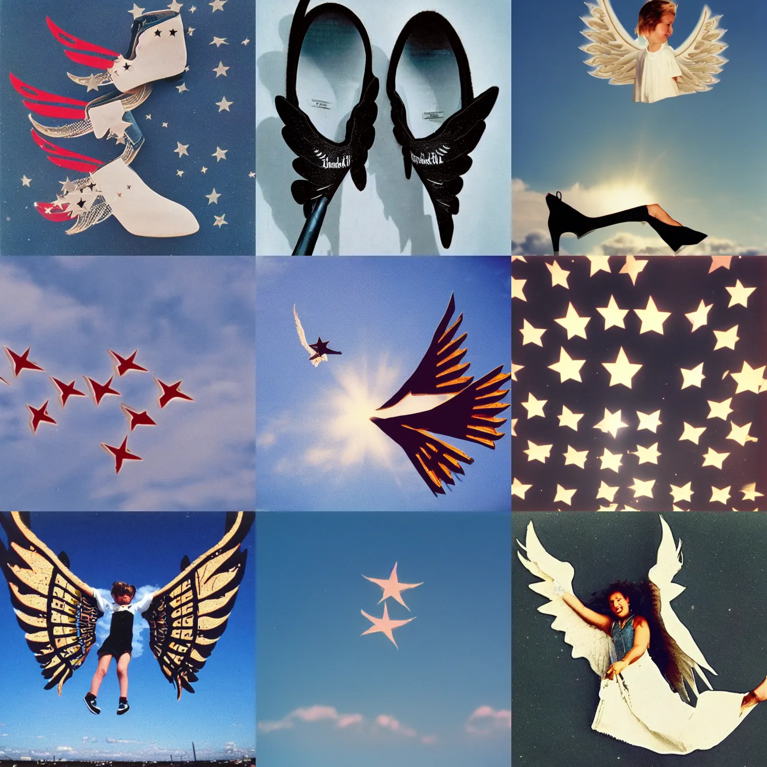 Prompt: a blackall star shoes flying on the sky with angel wings, rare fotagge ( 1 9 9 0 s )