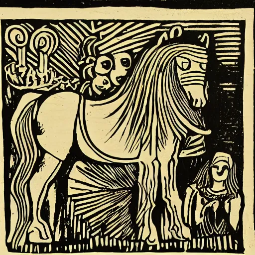 Prompt: offerings for the horse goddess, woodcut print