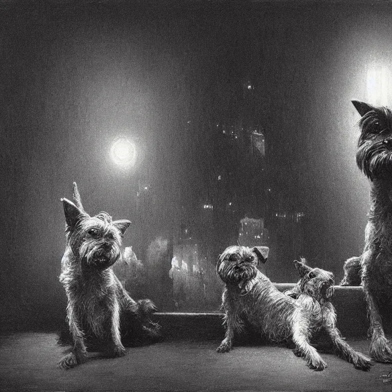 Prompt: two terrier dogs, watching a pop concert at night in a crowded venue, digital art, concept art, trending on artstation, cinematic lighting, giger, beksinski, barlowe