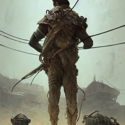 Image similar to a highly detailed epic cinematic concept art CG render digital painting artwork: dieselpunk man with an engine brutally sewn to his back. By Greg Rutkowski, Ilya Kuvshinov, WLOP, Stanley Artgerm Lau, Ruan Jia and Fenghua Zhong, trending on ArtStation, subtle muted cinematic colors, made in Maya, Blender and Photoshop, octane render, excellent composition, cinematic atmosphere, dynamic dramatic cinematic lighting, precise correct anatomy, aesthetic, very inspirational, arthouse