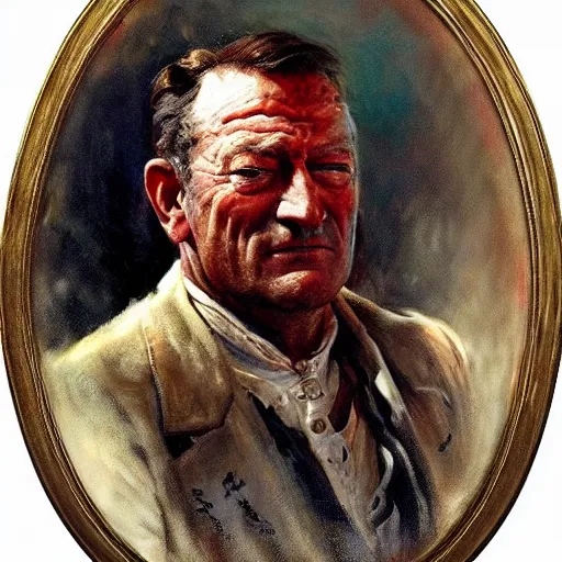 Image similar to Solomon Joseph Solomon and Richard Schmid and Jeremy Lipking victorian genre painting portrait painting of John Wayne a old rugged cowboys gunfighter old west character in fantasy costume, red background