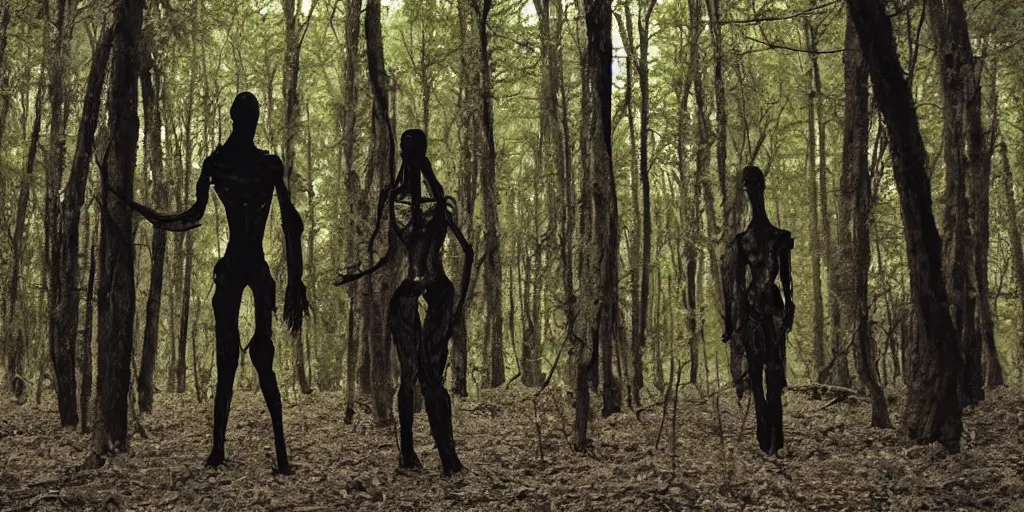 Prompt: tall scary figures standing in the dark woods at night