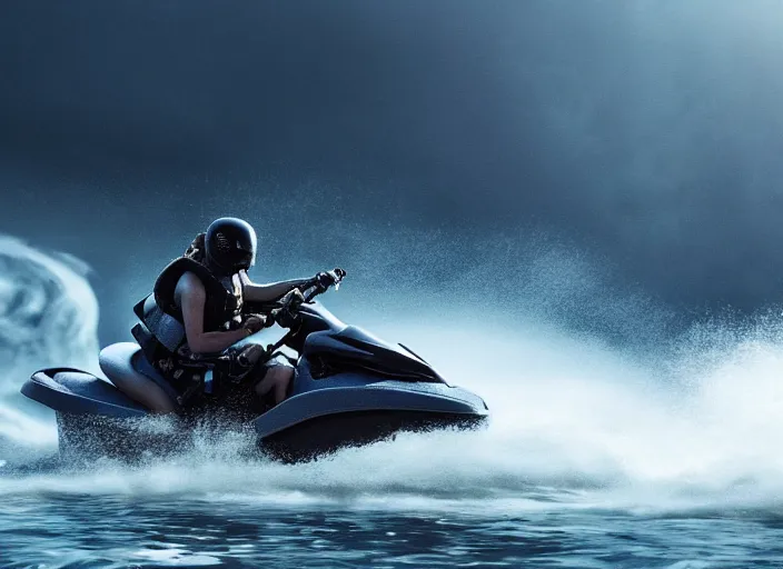 Prompt: film still of xenomorph jet skiing in the new alien movie, 4 k