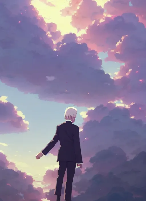 Image similar to portrait of joe biden, cloudy sky background lush landscape illustration concept art anime key visual trending pixiv fanbox by wlop and greg rutkowski and makoto shinkai and studio ghibli