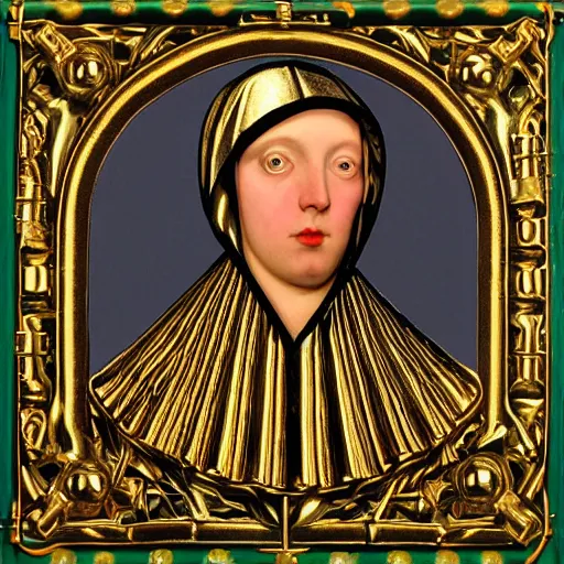 Image similar to a portrait of a shiny metallic renaissance robot, in the style of Jan van Eyck,