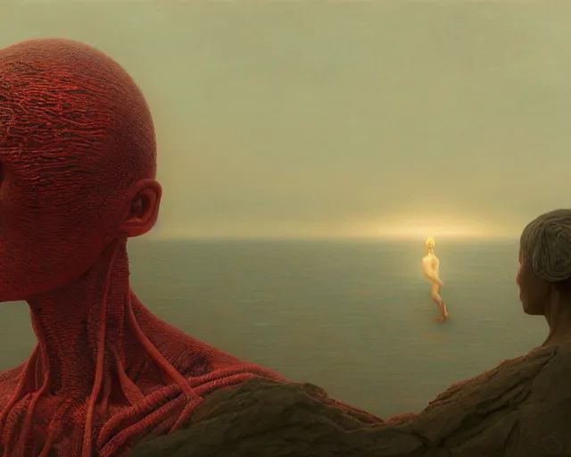 Image similar to face portrait, rocky shore, alien woman, glowing red, by edgar maxence and ross tran, zdzisław beksinski, and michael whelan, distant, gustav dore, h. r. giger, 8 k, octane render