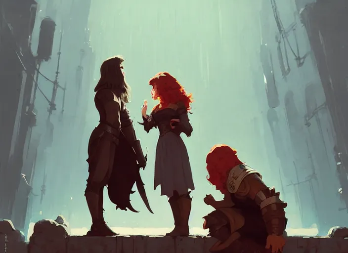 Image similar to brunette male lord knelt before the red - haired queen, medieval times by atey ghailan, by greg rutkowski, by greg tocchini, by james gilleard, by joe fenton, by kaethe butcher, dynamic lighting, gradient light blue, brown, blonde cream and white color scheme, grunge aesthetic