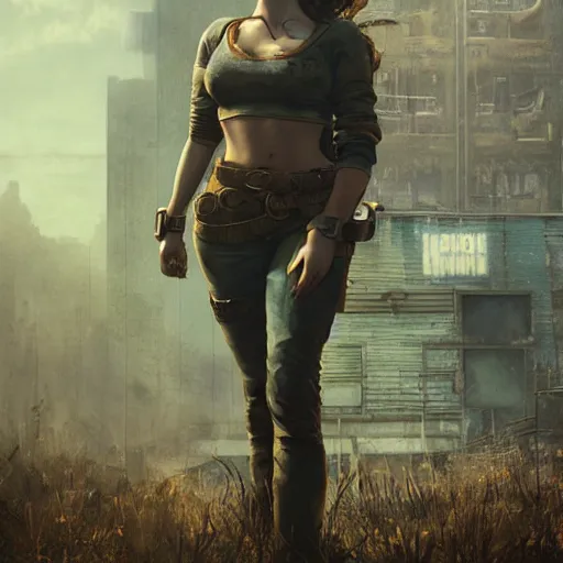 Image similar to fallout 5, charismatic beautiful rugged brunette female protagonist, portrait, outdoors ruined cityscape, atmospheric lighting, painted, intricate, volumetric lighting, beautiful, daytime, sunny weather, slight overcast, sharp focus, deep colours, ultra detailed, by leesha hannigan, ross tran, thierry doizon, kai carpenter, ignacio fernandez rios