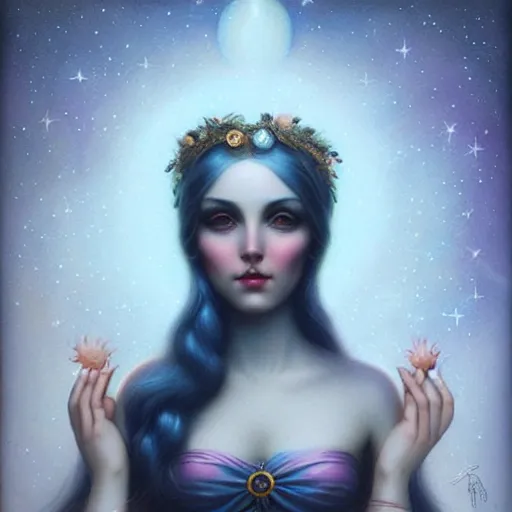 Prompt: cosmic cute goddess of waves of delight by tom bagshaw