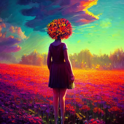 Prompt: girl with a flower head, surreal photography, bizzare, dreamlike, otherworldly, standing in flower field, in a valley, sunrise dramatic light, impressionistic painting, colorful clouds, artstation, simon stalenhag