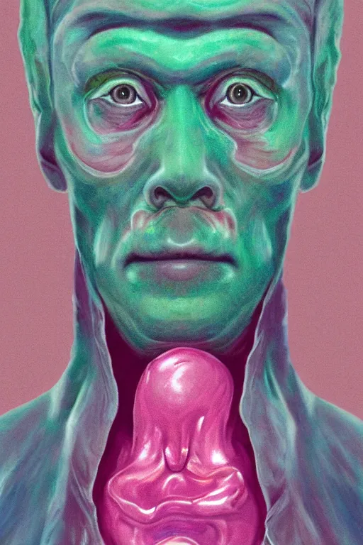 Image similar to a man whose face is stretchy like bubble gum. realistic. cosmic horror. portrait.