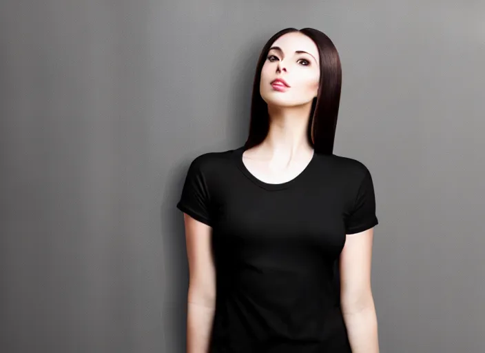 Image similar to clear photorealistic mockup product photograph of a blank black tshirt on an attractive female model in front of a livingroom!! background