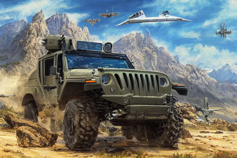 Image similar to a futurisitic well designed military vehicle designed by honda and lamborghini and boeing and jeep, military design, mountains in the distance, day, blue sky, sprong season, painting by asher brown durand and star wars movie, ultra mega detailed, beautiful realistic photo, professional photography, perfect