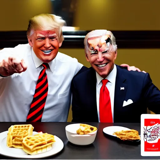 Image similar to photograph of trump and Biden sitting and eating breakfast at a Wafflehouse