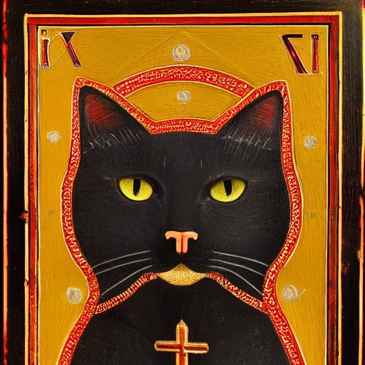 Image similar to a magnificent portrait of a cat made as an orthodox icon, medieval, dark, red color prominent, gold, 4 k, 8 k, hd, highly detailed,