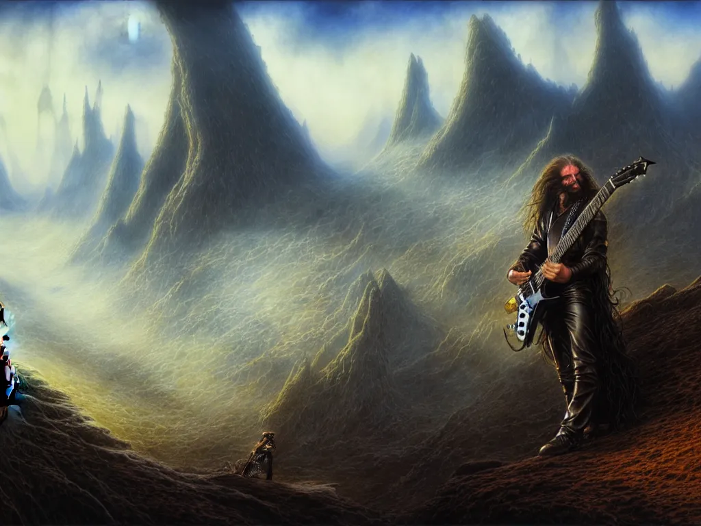 Image similar to long - haired man in leather jacket playing the most amazing electric guitar, epic landscape, fantasy concept art, john howe, 4 k