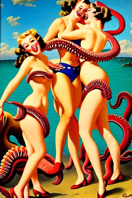 Image similar to 1940s group of pinup bikini girls being hugged by giant octopus, oil painting, by Gil Elvgren