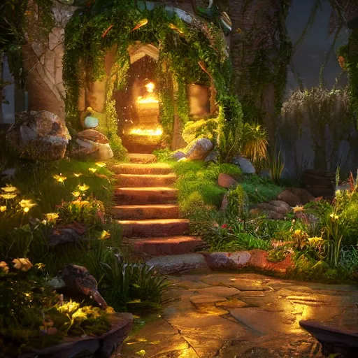 Prompt: fairy glowing magically at night concept art, realistic garden, beautiful, glorious, matte painting, highly detailed, trending on artstation, 4 k, rendered in octane, unreal engine