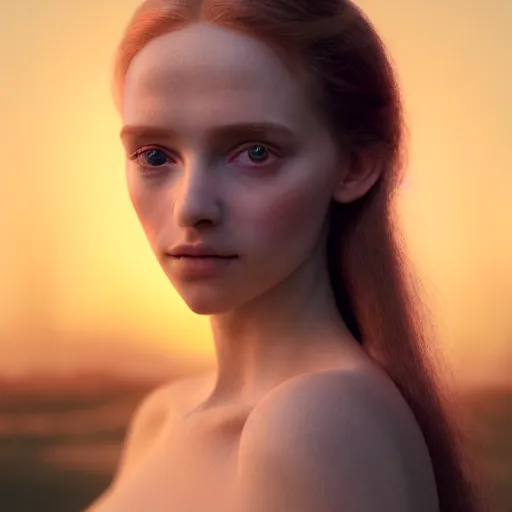 Image similar to photographic portrait of a stunningly beautiful renaissance female in soft dreamy light at sunset, beside the river, soft focus, contemporary fashion shoot, in a denis villeneuve and tim burton movie, by edward robert hughes, annie leibovitz and steve mccurry, david lazar, jimmy nelsson, extremely detailed, breathtaking, hyperrealistic, perfect face, octane render