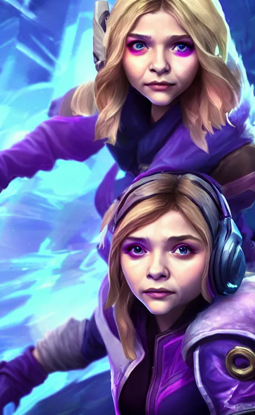 Image similar to Chloë Grace Moretz as a character in the game League of Legends, with a background based on the game League of Legends, detailed face, old 3d graphics