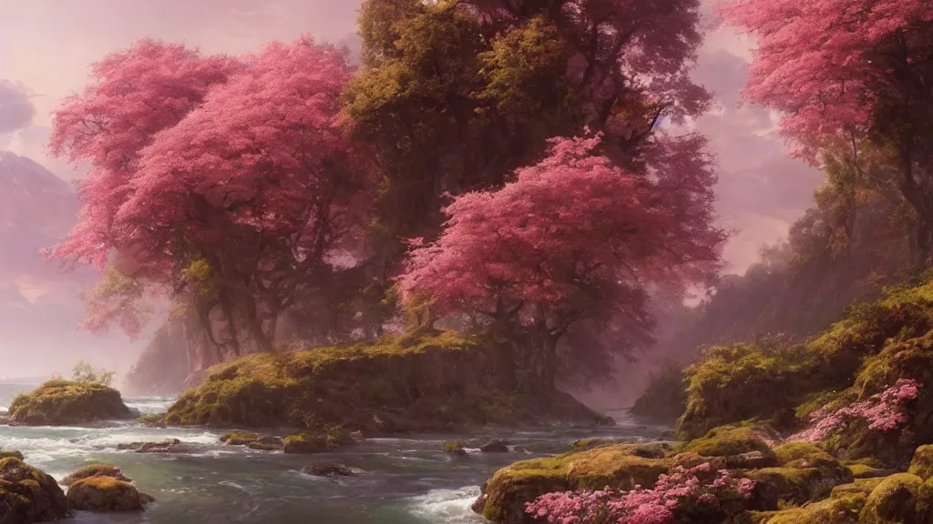 Image similar to the most beautiful panoramic landscape, oil painting, where a giant dreamy waterfall creates a river, the trees around are starting to bloom in pink color, by greg rutkowski