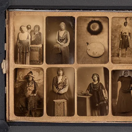 Image similar to Tintype photograph of a magical objects displayed in an ethnographic museum, archive material, anthropology, 1920s studio lighting.