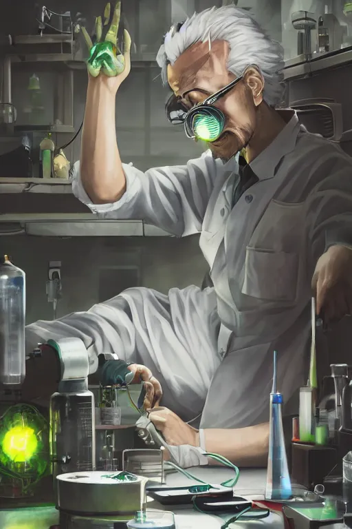 Image similar to a mad scientist mixing dangerous radioactive chemicals on a laboratory, wlop, trending on artstation, deviantart, anime key visual, official media, professional art, 8 k uhd