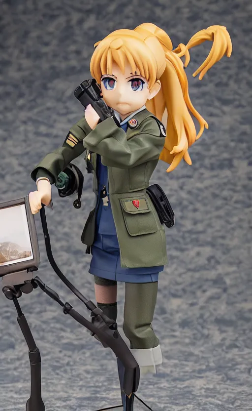 Prompt: toy photo, radio equipment, school uniform, portrait of the action figure of a girl, anime character anatomy, small blue eyes, figma by good smile company, collection product, dirt and smoke background, flight squadron insignia, realistic military gear, 70mm lens, round elements, photo taken by professional photographer, trending on instagram, symbology, 4k resolution, low saturation, realistic military carrier