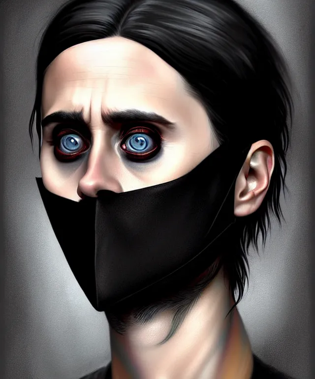 Prompt: jared leto with black fabric mask, short dark undercut hair, highly detailed face!!!, true anatomy!, extremely detailed!, digital painting, unreal engine 5, art by tom bagshaw